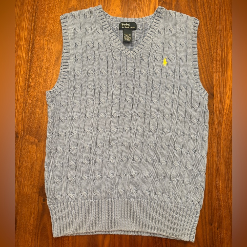 Polo by Ralph Lauren Baby Blue V-Neck Cable Knit Sweater. Kids size M (10/12)
